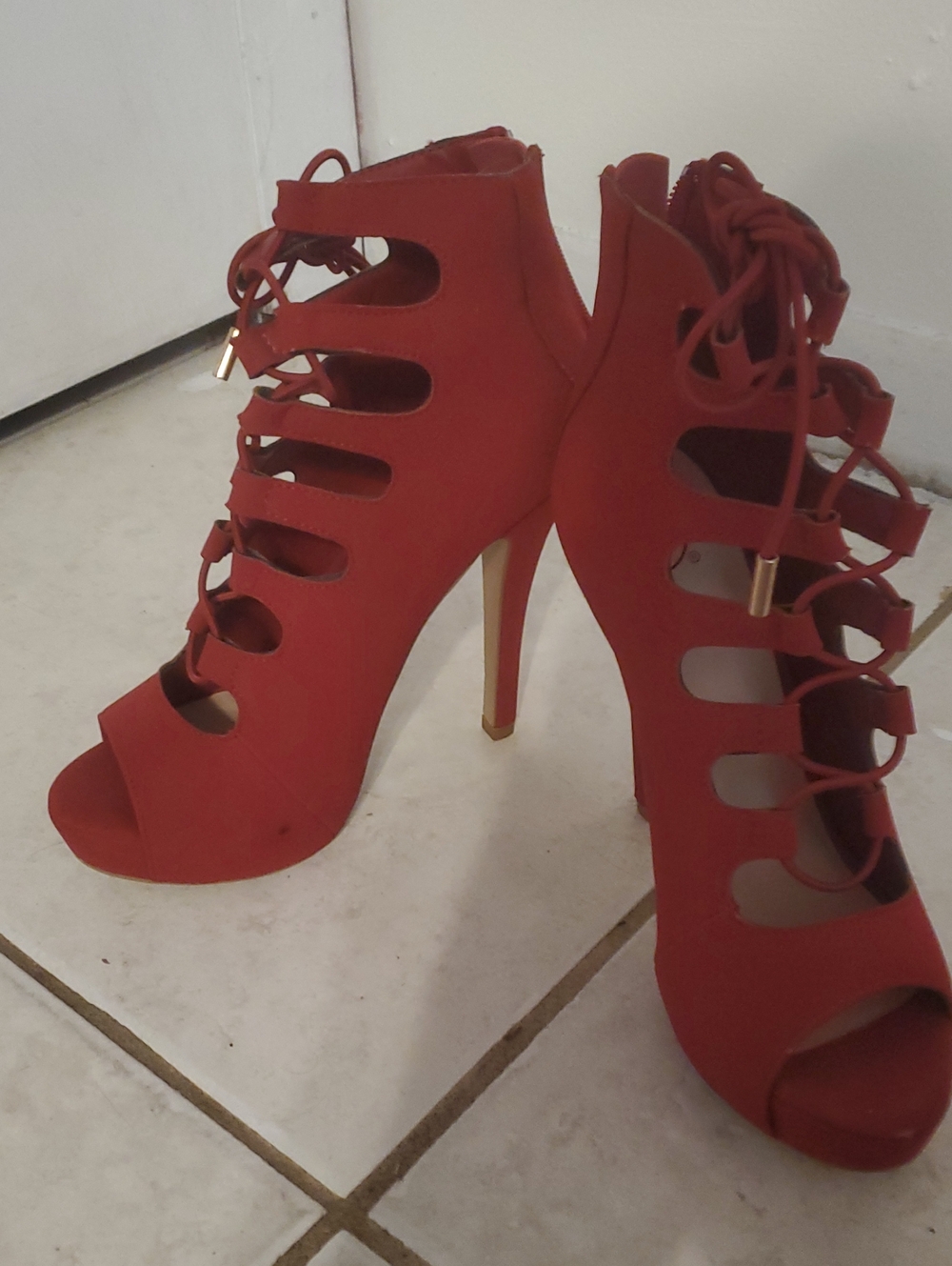 Red Lace-Up Cutout Peep-Toe High Heels - Women